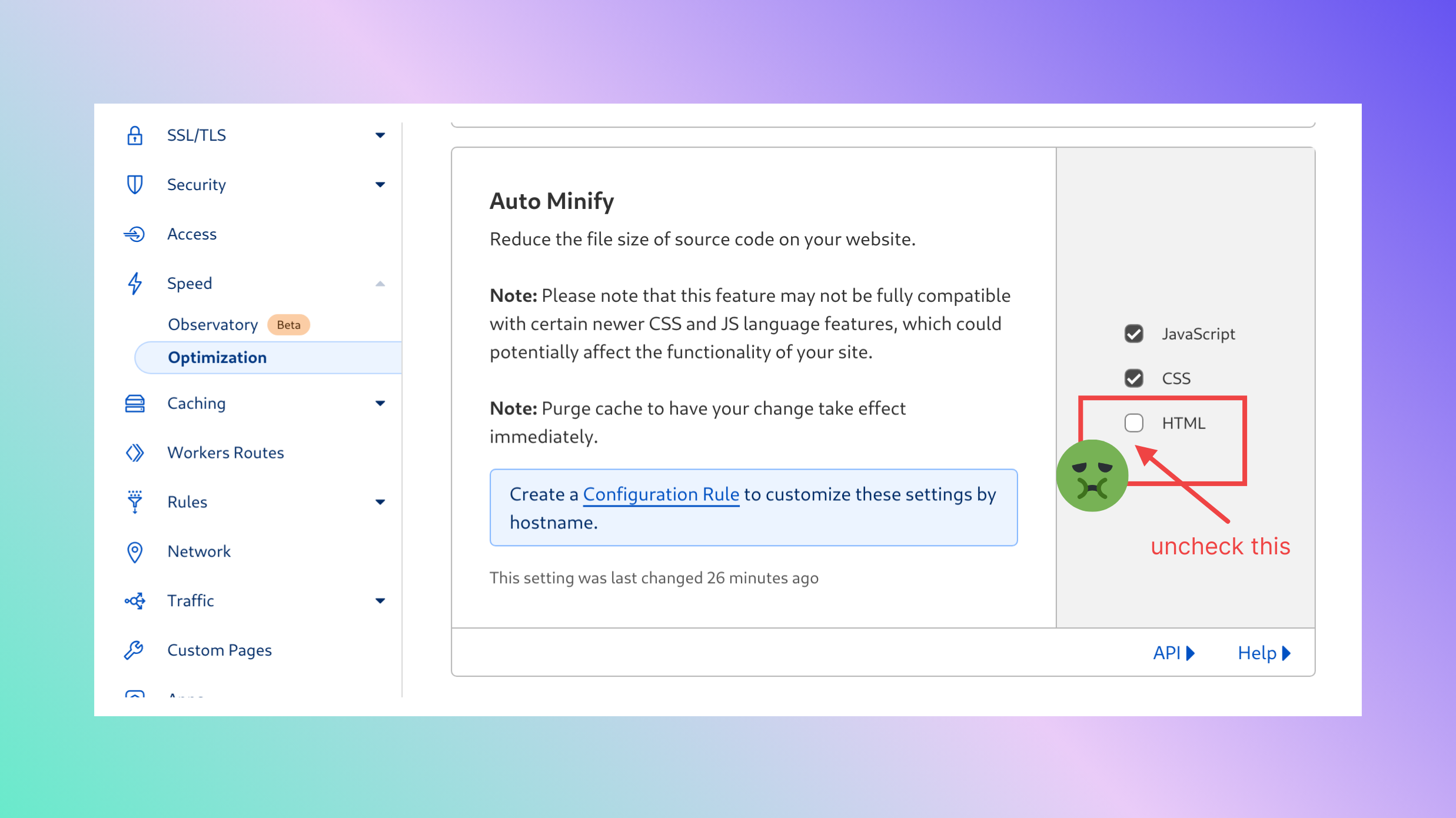 disable cloudflare Content Optimization Auto Minify HTML
